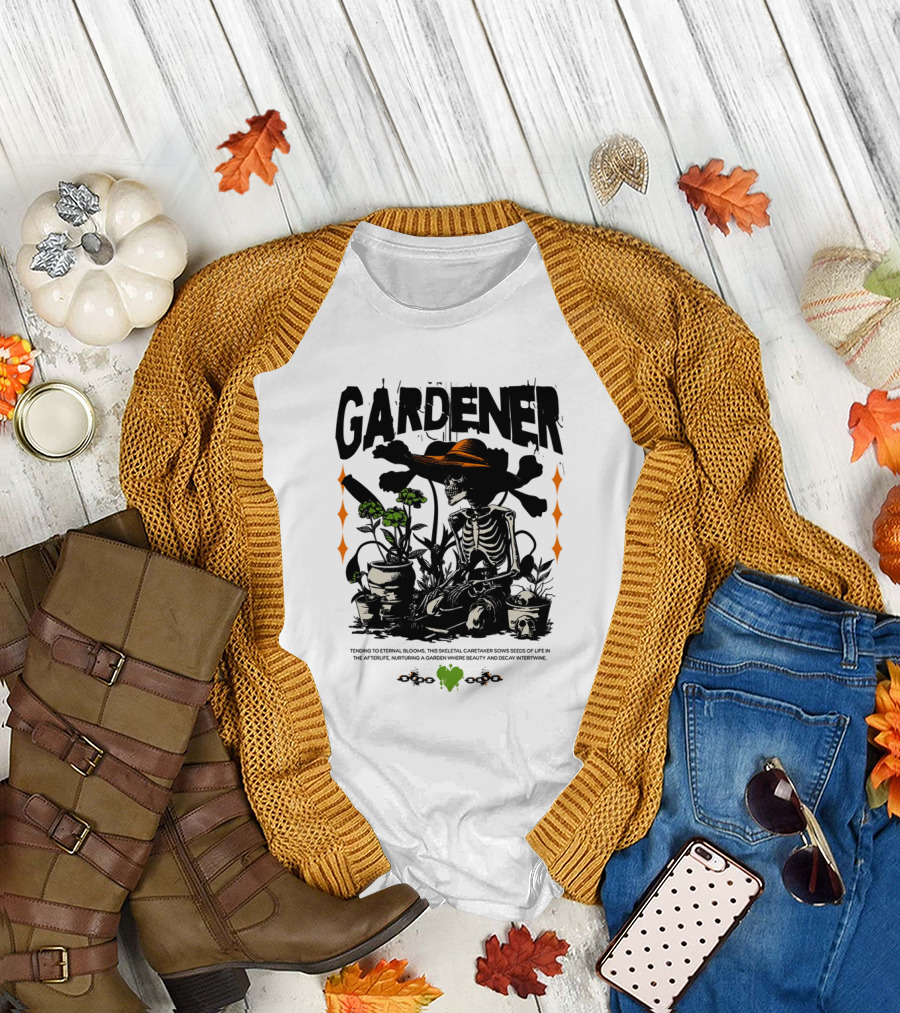Gardener Skeleton Tending to Eternal Blooms in the Afterlife T-Shirt