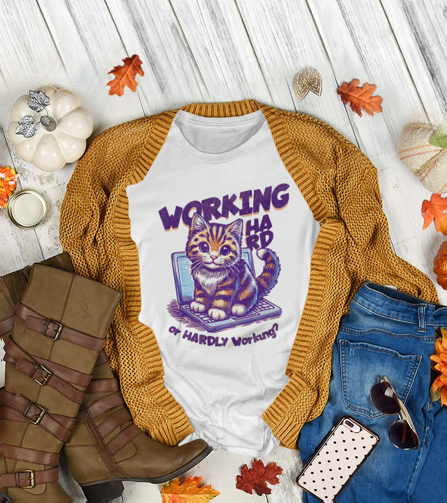 Working Hard or Hardly Working Cat on Laptop T-Shirt