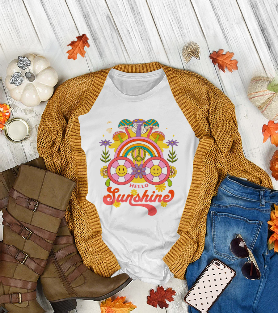 Hello Sunshine Smiley Peace Rainbow Psychedelic Flowers T-Shirt