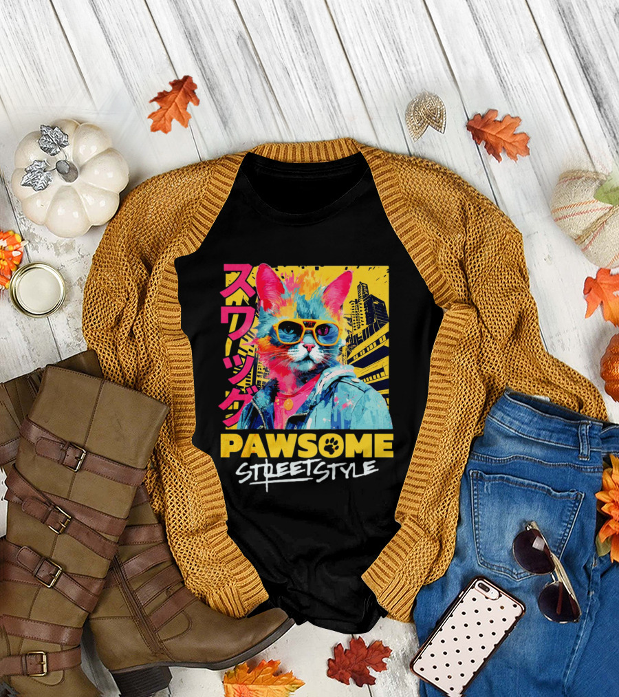 Pawsome Streetstyle Cat with Jacket and Sunglasses Urban Cityscape T-Shirt