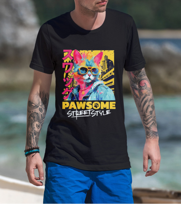 Pawsome Streetstyle Cat With Jacket And Sunglasses Urban Cityscape T-Shirt