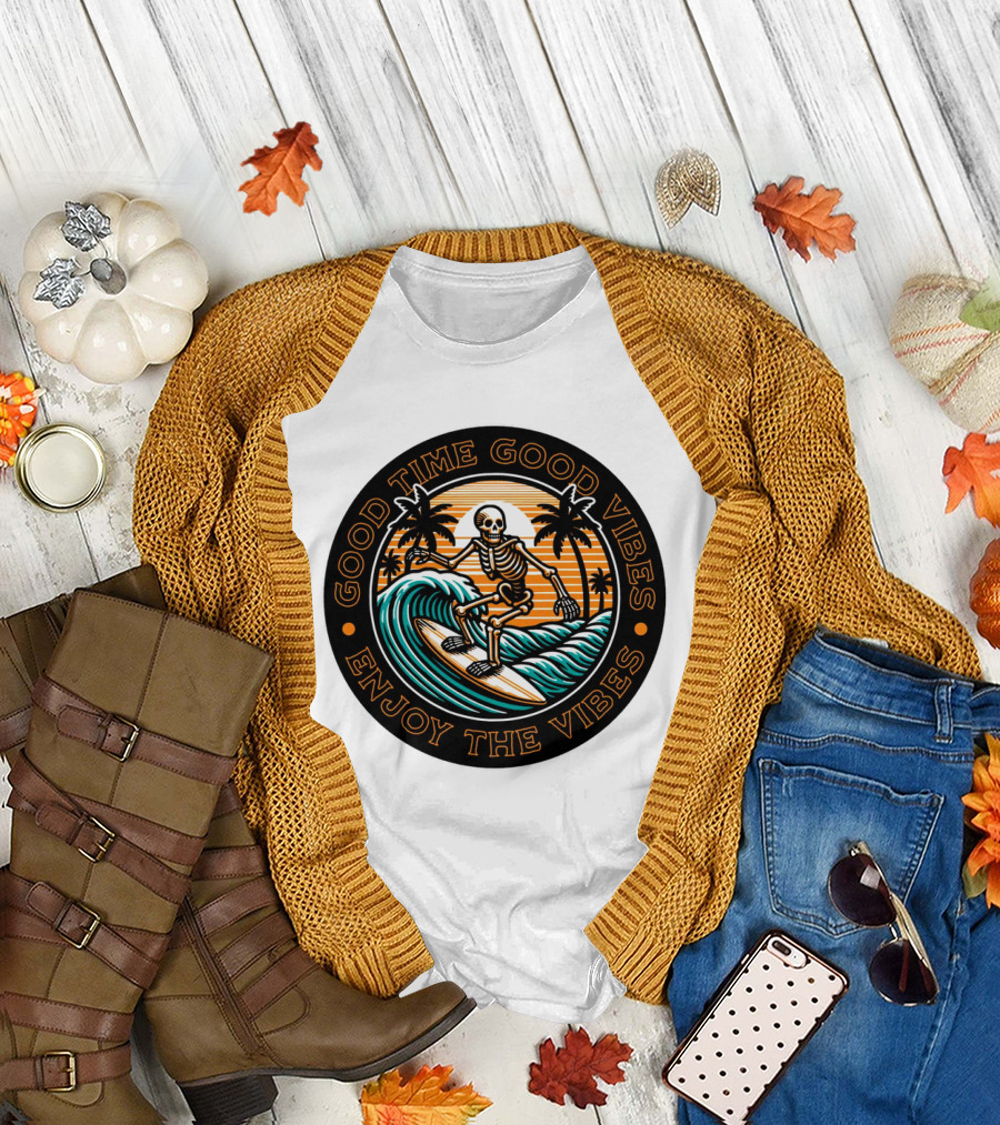 Good Time Good Vibes Enjoy The Vibes Surfer Skeleton Palm Trees Sunset Ocean Waves T-Shirt