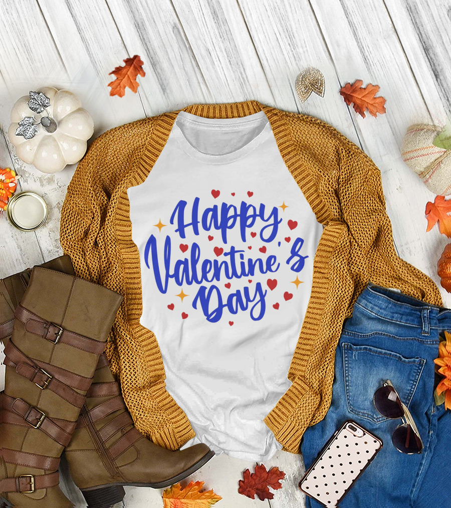 Happy Valentine's Day with Bright Hearts and Stars T-Shirt