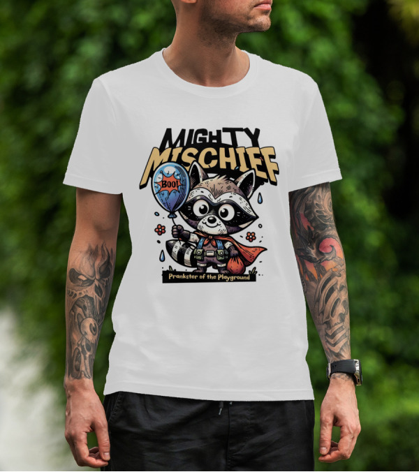 Mighty Mischief Raccoon With Boo Balloon Prankster Of The Playground T-Shirt