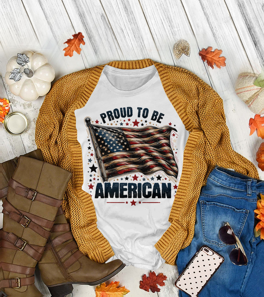 Proud to be American Waving Stars and Stripes Surrounded by Red and Black Stars T-Shirt