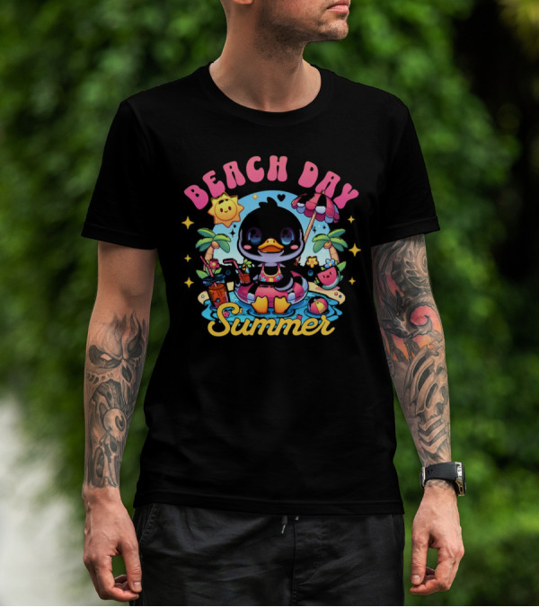 Beach Day Summer Happy Times Good Sunshine Duck In Pool With Palm Trees And Watermelon T-Shirt