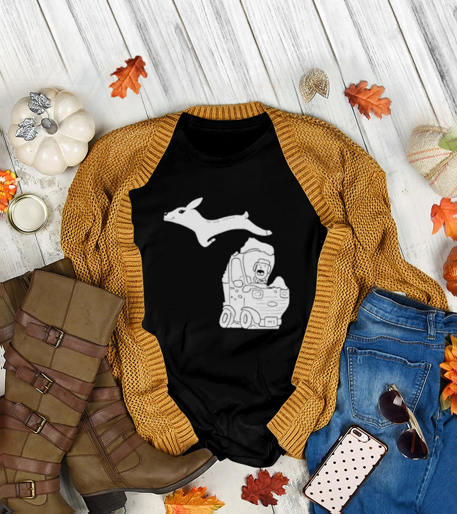 Michigan Road Deer Cartoon Adventure T-Shirt