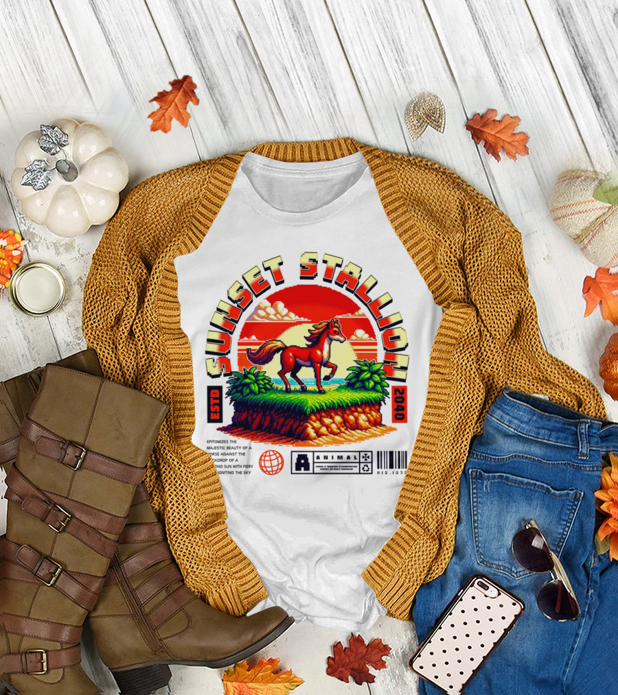 Sunset Stallion 2040 ESTO Animal Epic Epitome Horse Setting Sun Fiery Sky T-Shirt