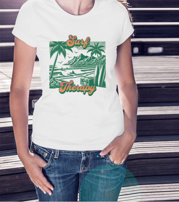 Surf Therapy Tropical Beach Scene With Palm Trees And Surfboards T-Shirt