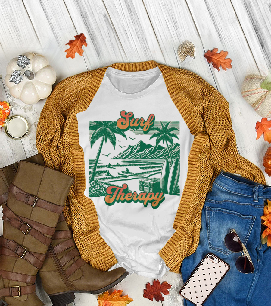 Surf Therapy Tropical Beach Scene with Palm Trees and Surfboards T-Shirt