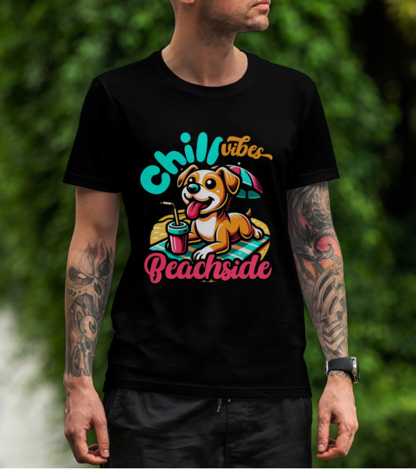 Chill Vibes Beachside Relaxing Dog With Umbrella And Drink T-Shirt