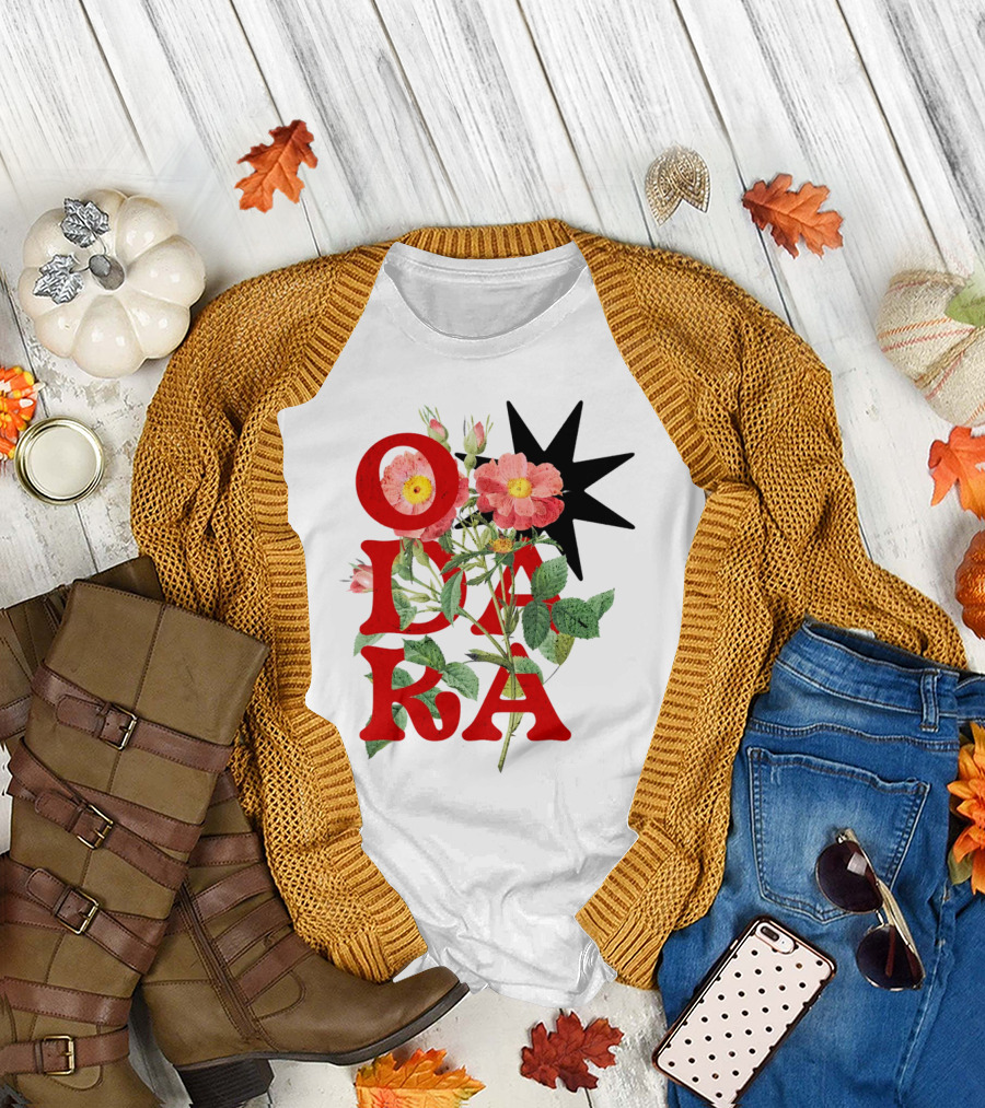 ODARA Bold Floral Art with Red Letters and Pink Flowers T-Shirt