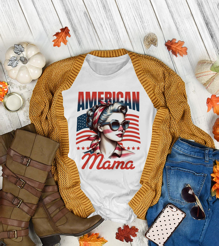 American Mama Vintage Patriotic Bandana Sunglasses Retro Flag Stars T-Shirt