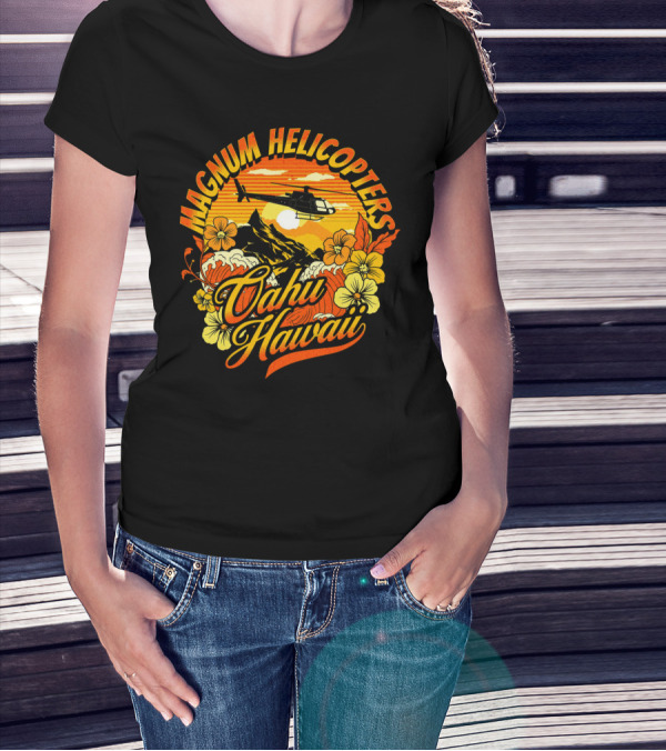Magnum Helicopters Oahu Hawaii Helicopter Scenic Sunset Tropical Flowers T-Shirt