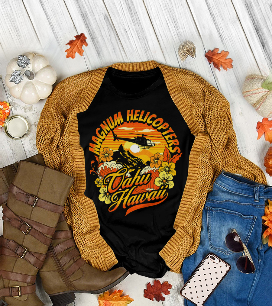 Magnum Helicopters Oahu Hawaii Helicopter Scenic Sunset Tropical Flowers T-Shirt