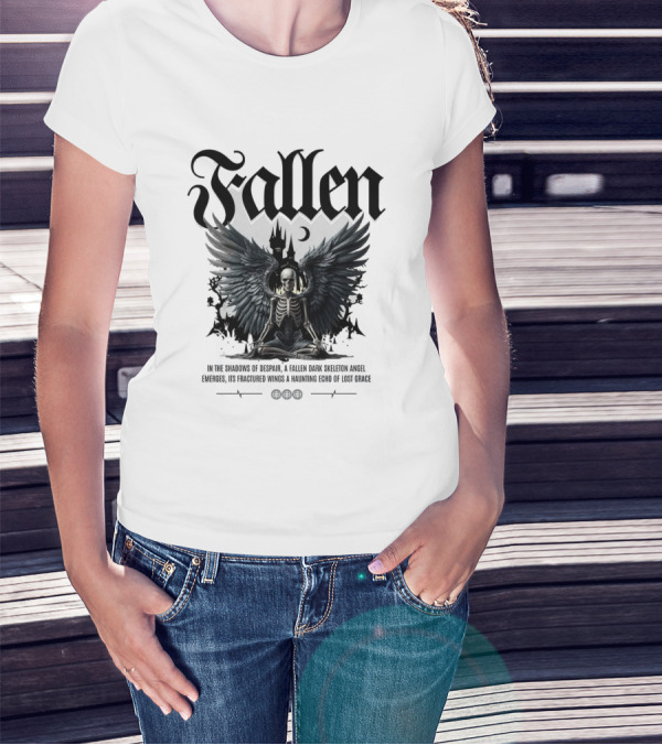 Fallen Dark Skeleton Angel With Fractured Wings And Gothic Castle T-Shirt