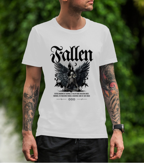 Fallen Dark Skeleton Angel With Fractured Wings And Gothic Castle T-Shirt