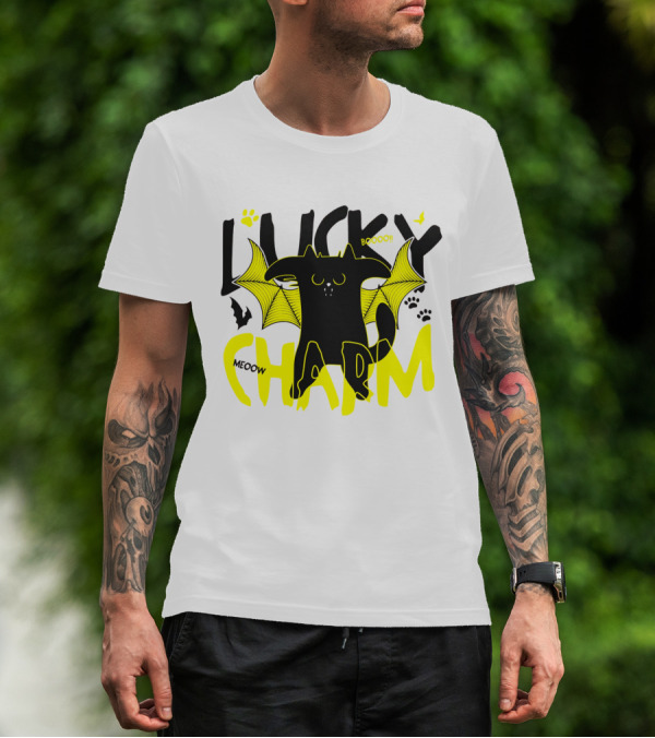 LUCKY CHARM Meow Boooo Bat Wings Cat Paw Prints T-Shirt