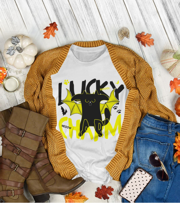 LUCKY CHARM Meow Boooo Bat Wings Cat Paw Prints T-Shirt