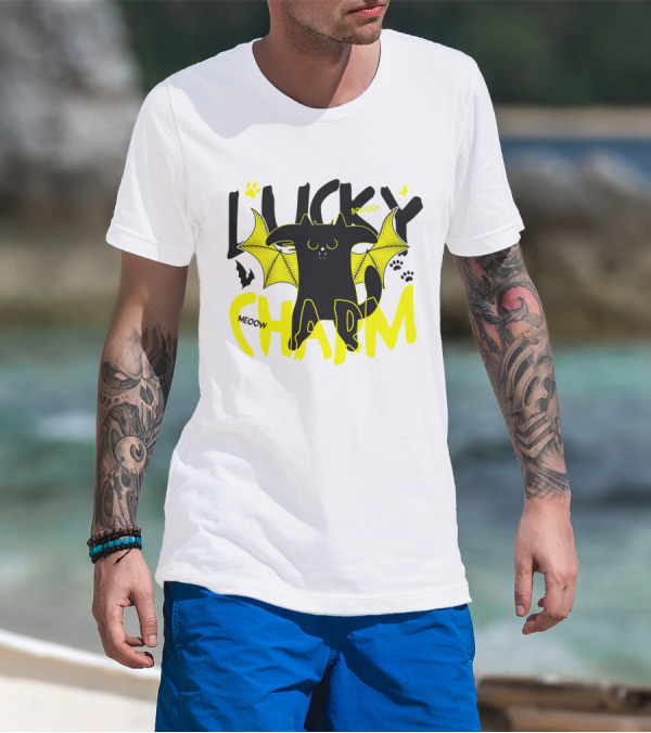 LUCKY CHARM Meow Boooo Bat Wings Cat Paw Prints T-Shirt