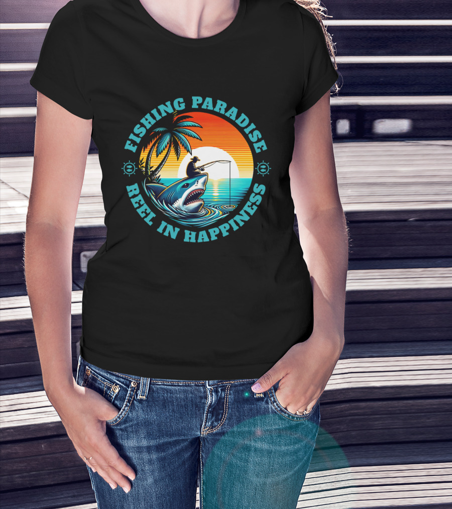 Fishing Paradise Reel In Happiness Sunset Shark Adventure T-Shirt