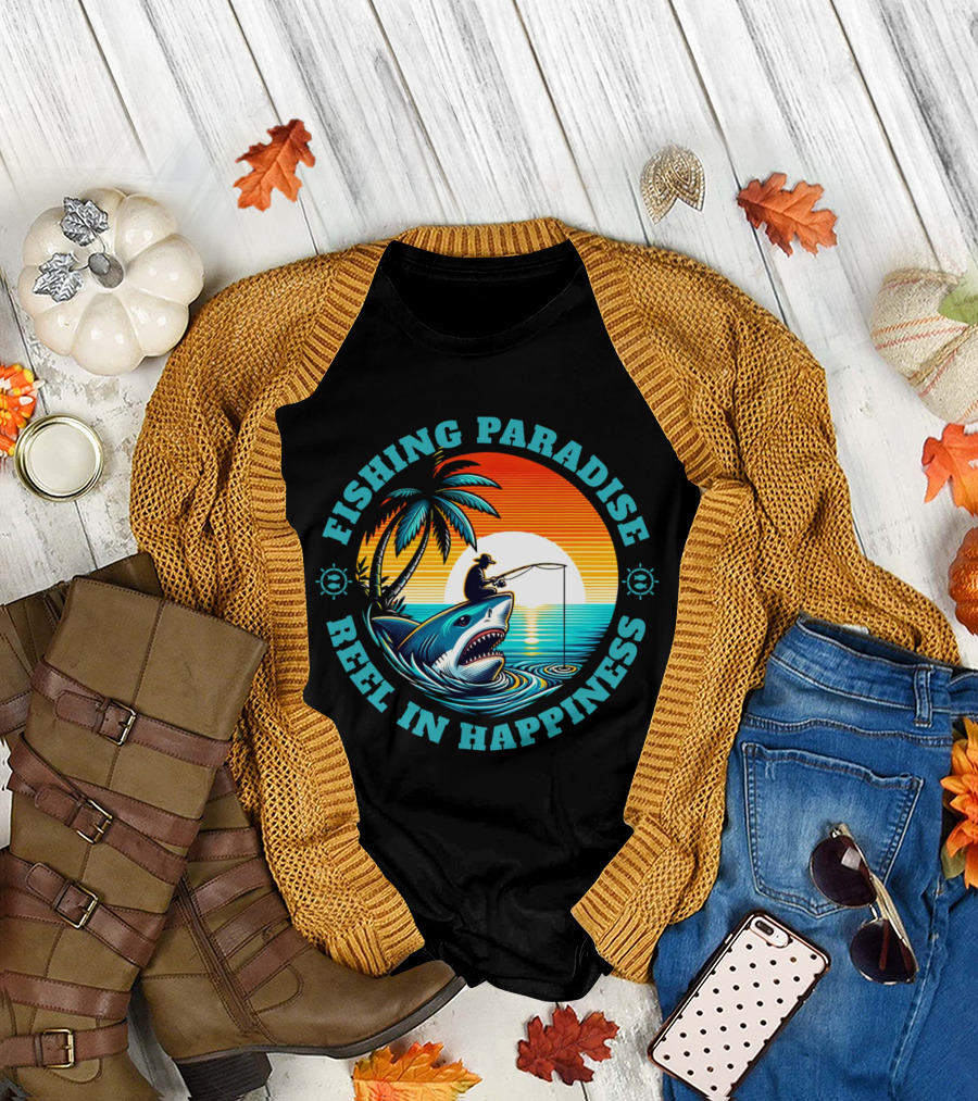 Fishing Paradise Reel In Happiness Sunset Shark Adventure T-Shirt
