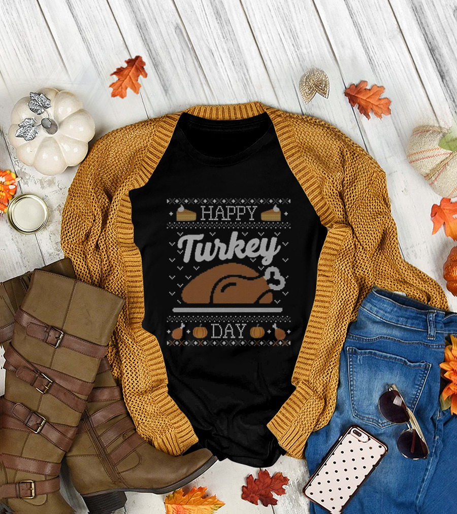 Happy Turkey Day Thanksgiving With Pumpkin And Pie T-Shirt
