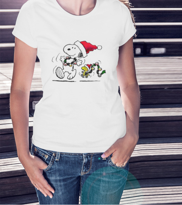 Santa Snoopy And Woodstock Christmas Lights Cartoon T-Shirt