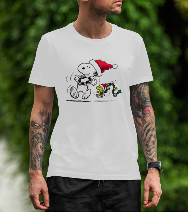 Santa Snoopy And Woodstock Christmas Lights Cartoon T-Shirt