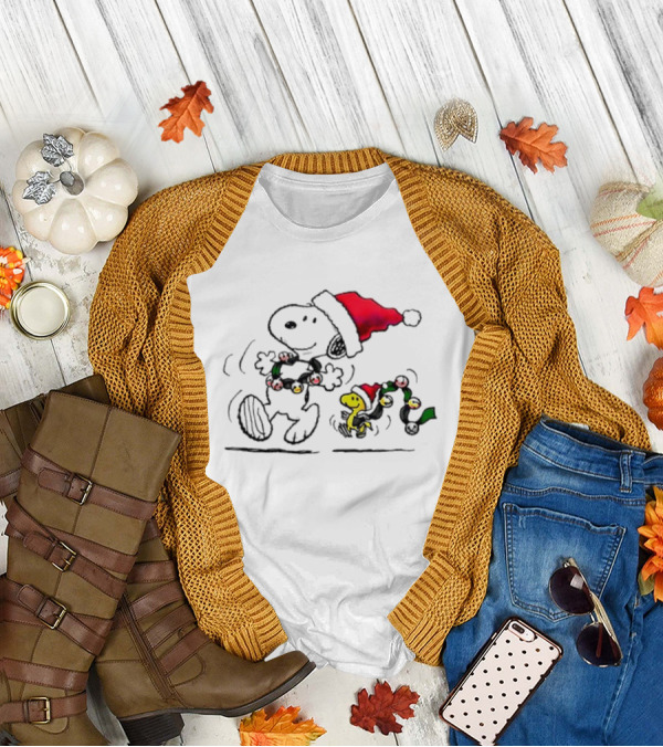 Santa Snoopy And Woodstock Christmas Lights Cartoon T-Shirt