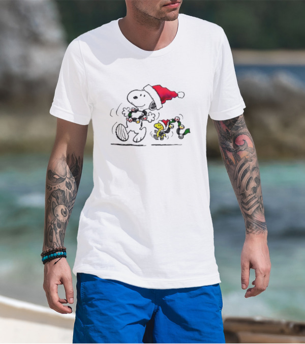 Santa Snoopy And Woodstock Christmas Lights Cartoon T-Shirt