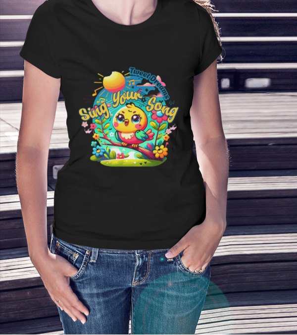 Tweet Dreams Sing Your Song Brightly-Colored Cartoon Bird And Musical Notes T-Shirt
