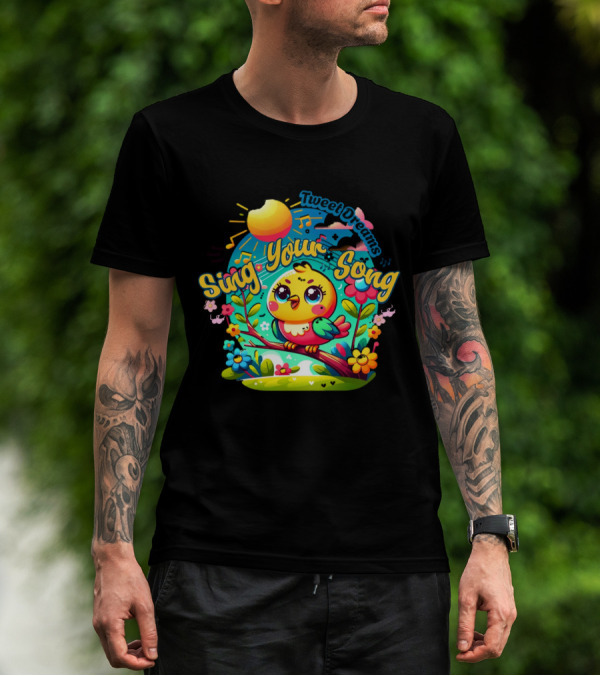 Tweet Dreams Sing Your Song Brightly-Colored Cartoon Bird And Musical Notes T-Shirt