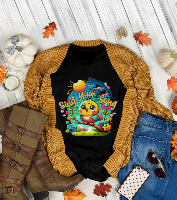 Tweet Dreams Sing Your Song Brightly-Colored Cartoon Bird And Musical Notes T-Shirt