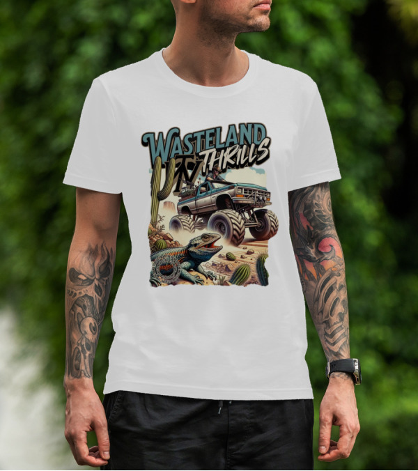 Wasteland Thrills Monster Truck Adventure With Lizard And Cactus Desert Scene T-Shirt