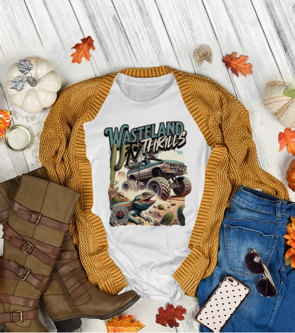 Wasteland Thrills Monster Truck Adventure With Lizard And Cactus Desert Scene T-Shirt