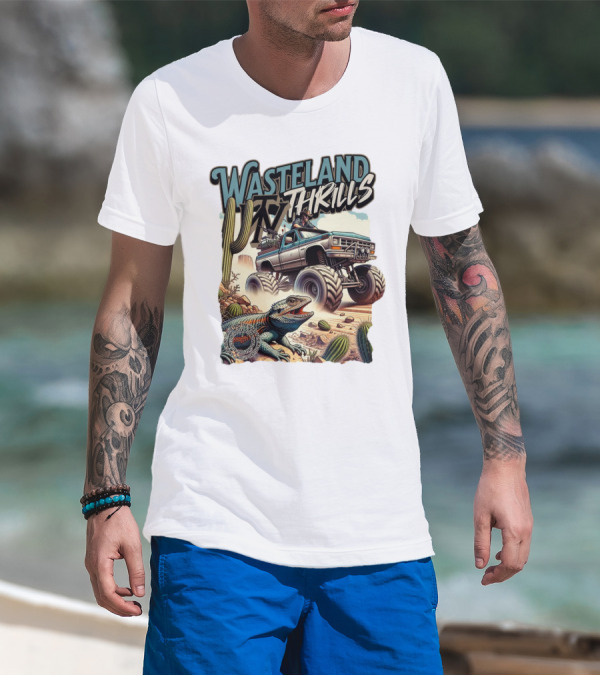 Wasteland Thrills Monster Truck Adventure With Lizard And Cactus Desert Scene T-Shirt
