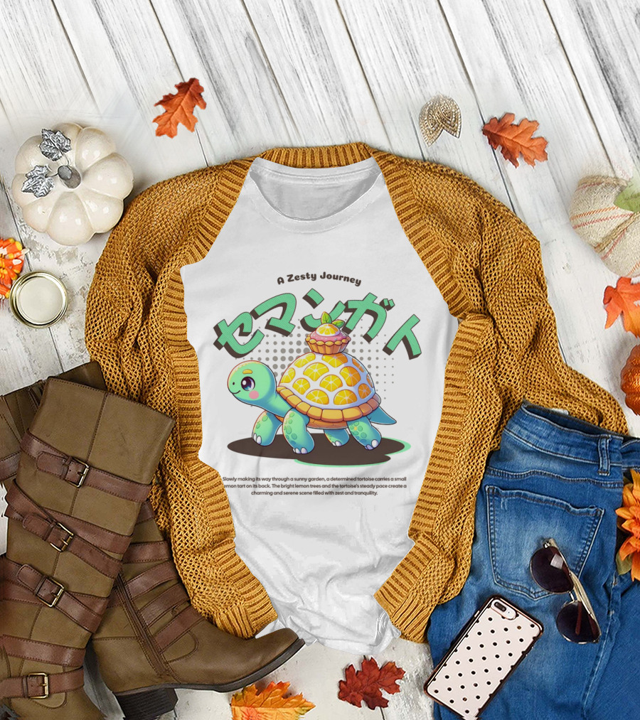 A Zesty Journey Tortoise with Lemon Back and Japanese Text T-Shirt