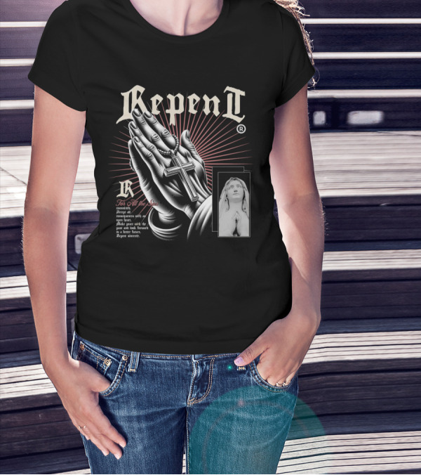 Repent Prayer Hands With Cross And Statue For All The Sins T-Shirt