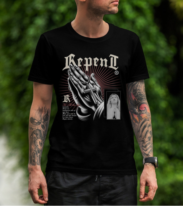 Repent Prayer Hands With Cross And Statue For All The Sins T-Shirt