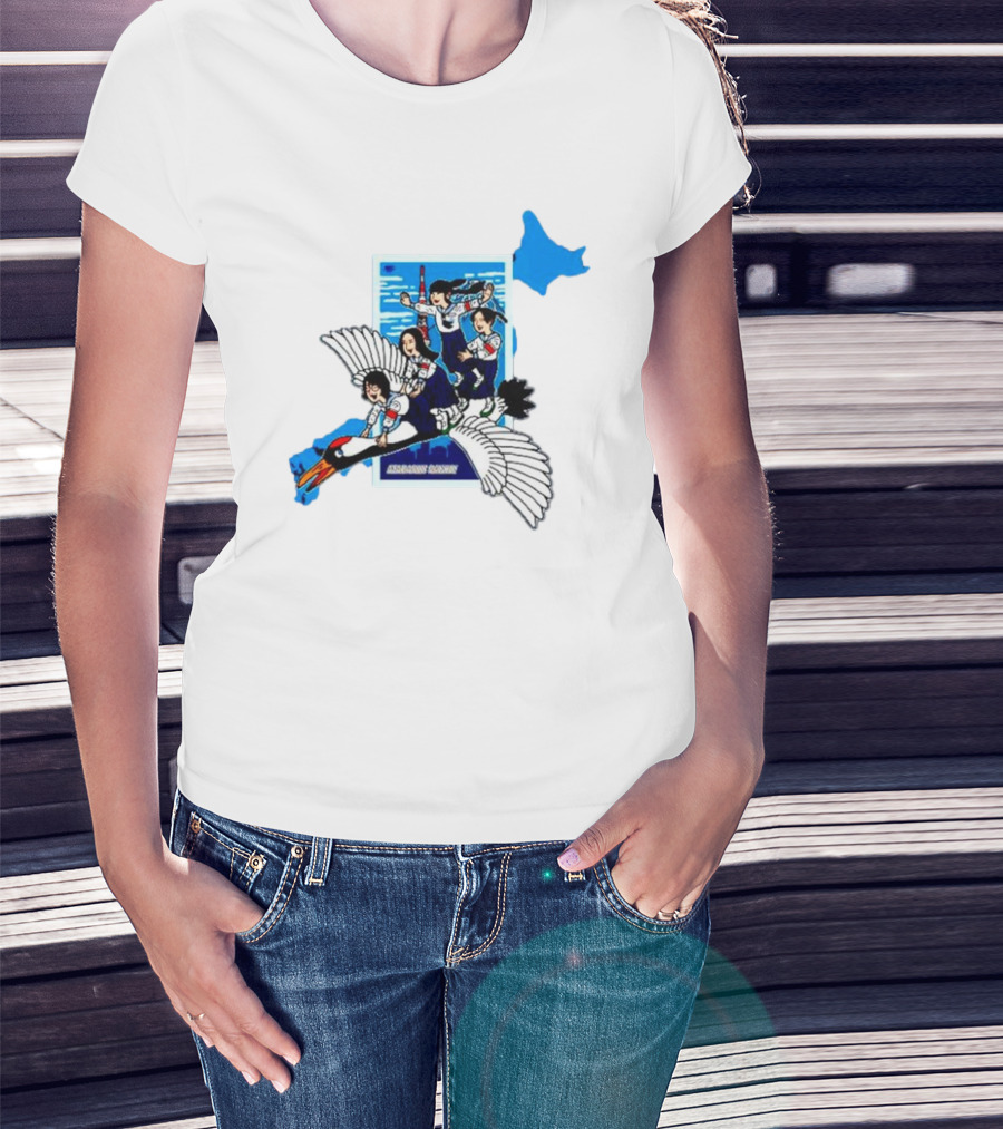 Atarashii Gakko Navy Crane Cartoon With Energetic Flyers And Blue Map Highlight T-Shirt