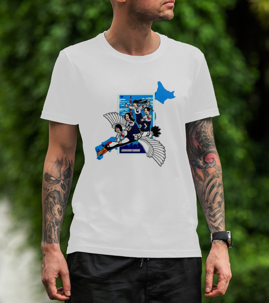 Atarashii Gakko Navy Crane Cartoon With Energetic Flyers And Blue Map Highlight T-Shirt