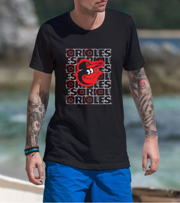 Orioles Iconic Bird Head With Repeated Orioles Text T-Shirt