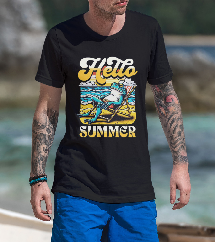 Hello Summer Frog Vintage Beach Scene T-Shirt