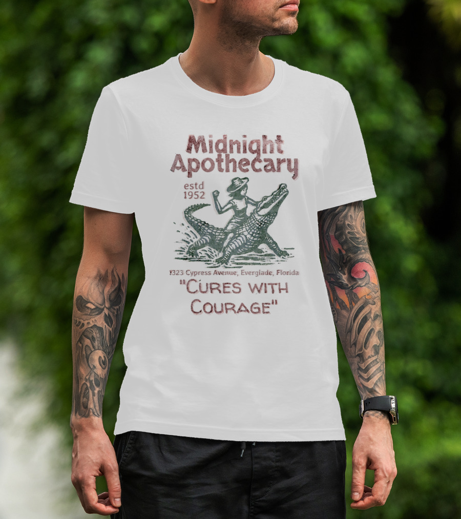 Midnight Apothecary Estd 1952 Cures With Courage 1323 Cypress Avenue Everglade Florida T-Shirt