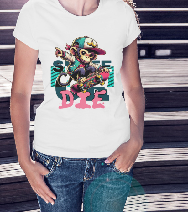 Skate Or Die Monkey On Skateboard With Cap And Jacket T-Shirt