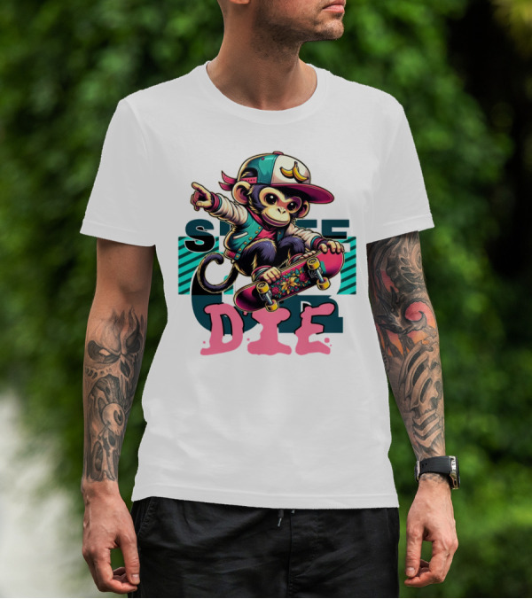 Skate Or Die Monkey On Skateboard With Cap And Jacket T-Shirt