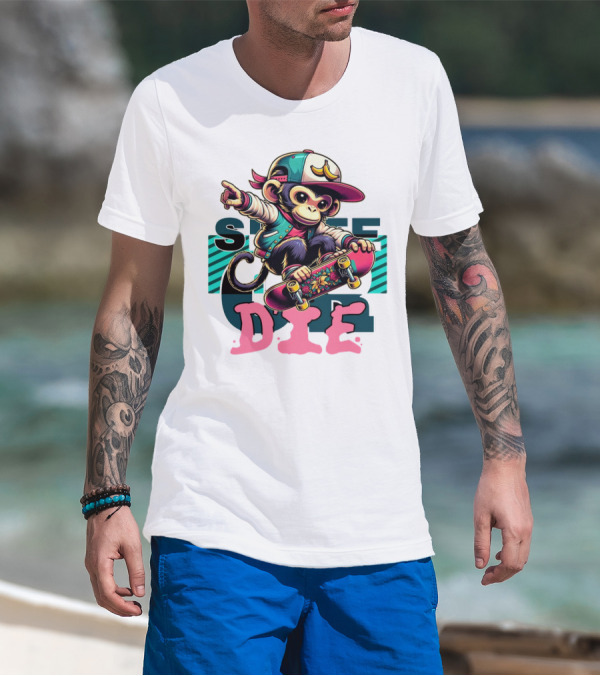 Skate Or Die Monkey On Skateboard With Cap And Jacket T-Shirt