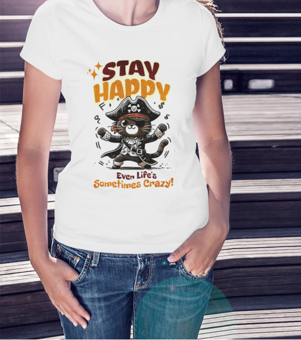 STAY HAPPY Even Life's Sometimes Crazy Pirate Cat T-Shirt