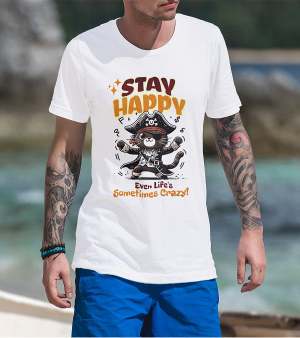 STAY HAPPY Even Life's Sometimes Crazy Pirate Cat T-Shirt